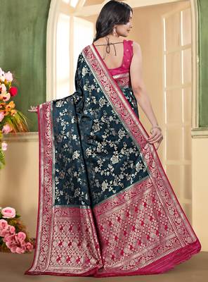 pemium dark firozi and rani pink pure satin all over woven zari design wedding and party wear saree with blouse 2