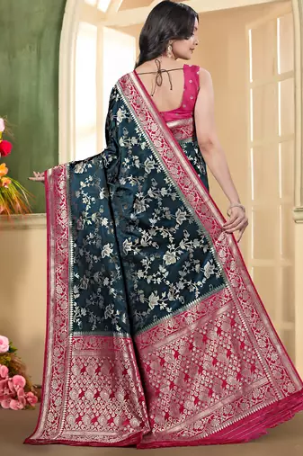 pemium dark firozi and rani pink pure satin all over woven zari design wedding and party wear saree with blouse
