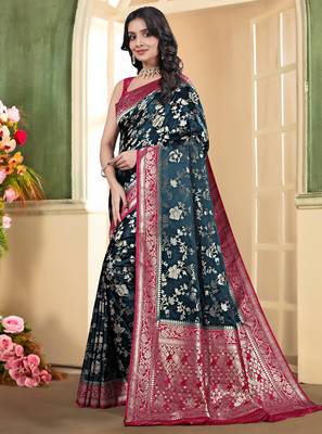 pemium dark firozi and rani pink pure satin all over woven zari design wedding and party wear saree with blouse 3