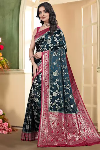 pemium dark firozi and rani pink pure satin all over woven zari design wedding and party wear saree with blouse