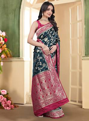 pemium dark firozi and rani pink pure satin all over woven zari design wedding and party wear saree with blouse 4