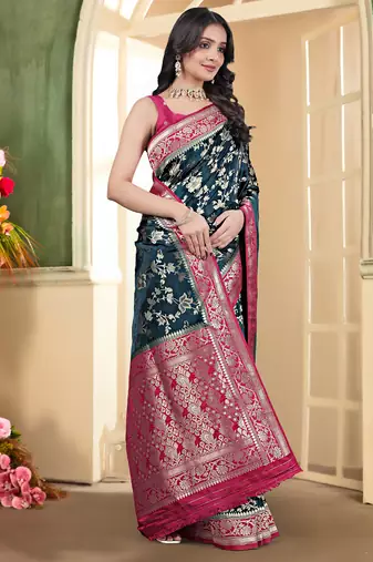 pemium dark firozi and rani pink pure satin all over woven zari design wedding and party wear saree with blouse