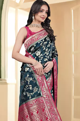 pemium dark firozi and rani pink pure satin all over woven zari design wedding and party wear saree with blouse
