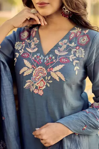 Grey embroidered silk blend kurta pant dupatta set