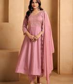 Pink embroidered silk blend kurta pant dupatta set
