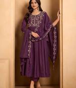 Wine embroidered silk blend kurta pant dupatta set