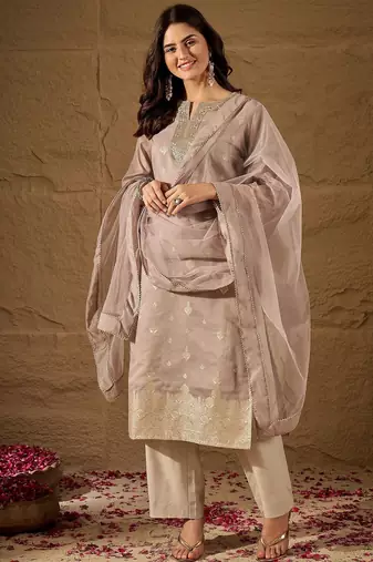 Beige embroidered silk blend kurta pant dupatta set