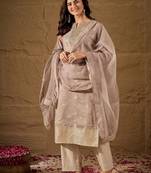 Beige embroidered silk blend kurta pant dupatta set