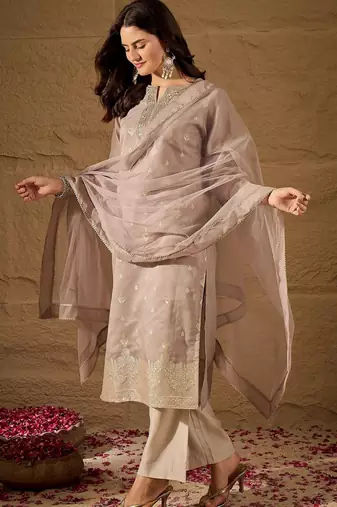 Beige embroidered silk blend kurta pant dupatta set