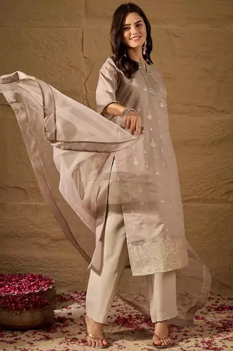 peach embroidered silk blend kurta pant dupatta set
