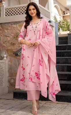 pink embroidered chanderi silk kurta pant dupatta set 1
