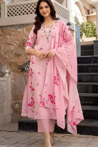 pink embroidered chanderi silk kurta pant dupatta set