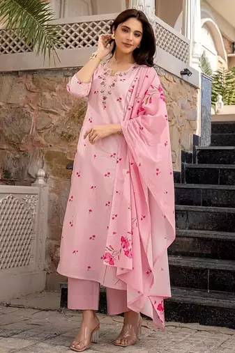 pink embroidered chanderi silk kurta pant dupatta set