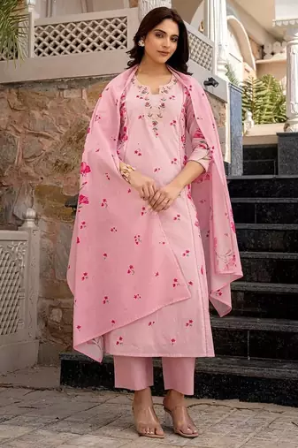 pink embroidered chanderi silk kurta pant dupatta set