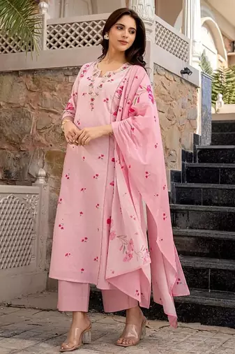 pink embroidered chanderi silk kurta pant dupatta set