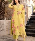yellow embroidered chanderi silk kurta pant dupatta set
