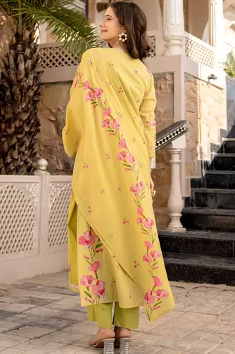 yellow embroidered chanderi silk kurta pant dupatta set