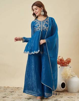 blue embroidered crunchy silk kurta plazzo dupatta set 1