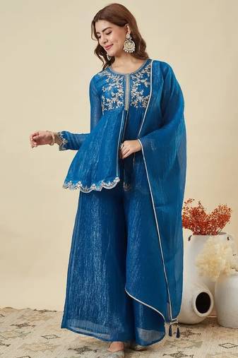 blue embroidered crunchy silk kurta plazzo dupatta set