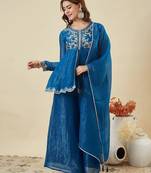 blue embroidered crunchy silk kurta plazzo dupatta set