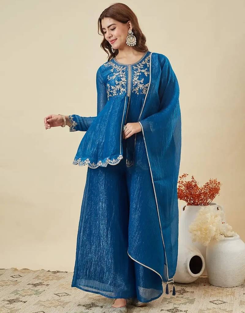 blue embroidered crunchy silk kurta plazzo dupatta set