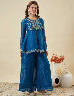 blue embroidered crunchy silk kurta plazzo dupatta set 2