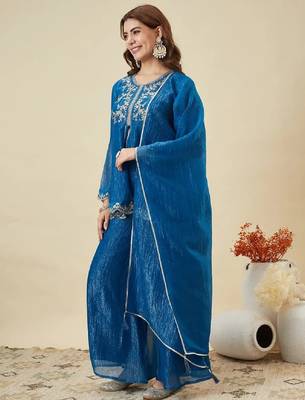 blue embroidered crunchy silk kurta plazzo dupatta set 3