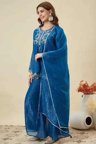 blue embroidered crunchy silk kurta plazzo dupatta set