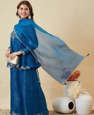 blue embroidered crunchy silk kurta plazzo dupatta set 4