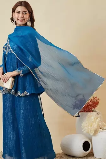 blue embroidered crunchy silk kurta plazzo dupatta set