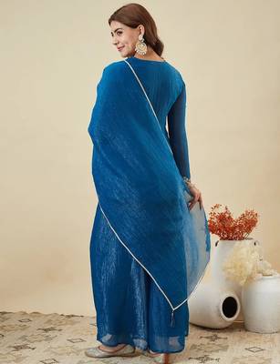 blue embroidered crunchy silk kurta plazzo dupatta set 5