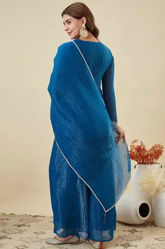 blue embroidered crunchy silk kurta plazzo dupatta set
