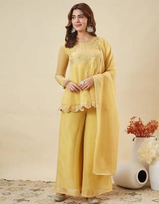 Yellow embroidered crunchy silk kurta plazzo dupatta set 1
