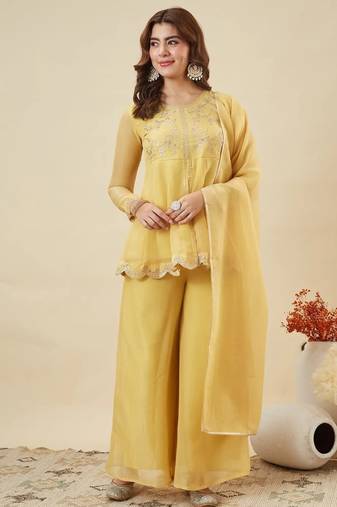 Yellow embroidered crunchy silk kurta plazzo dupatta set
