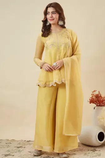Yellow embroidered crunchy silk kurta plazzo dupatta set