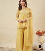 Yellow embroidered crunchy silk kurta plazzo dupatta set
