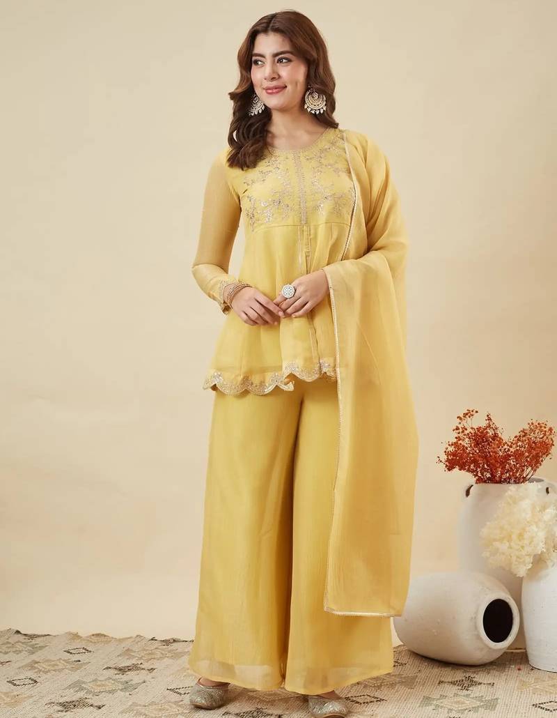 Yellow embroidered crunchy silk kurta plazzo dupatta set