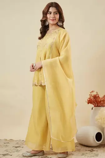 Yellow embroidered crunchy silk kurta plazzo dupatta set