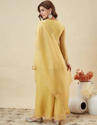 Yellow embroidered crunchy silk kurta plazzo dupatta set 4