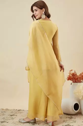Yellow embroidered crunchy silk kurta plazzo dupatta set