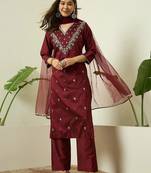 Maroon embroidered silk blend kurta pant dupatta set