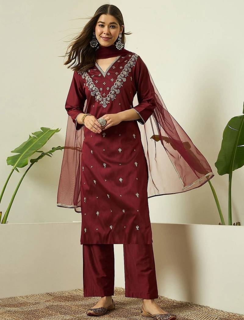 Maroon embroidered silk blend kurta pant dupatta set