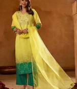 Yellow embroidered chinon silk kurta pant dupatta set