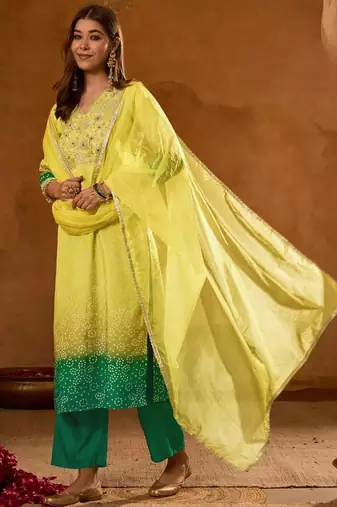 Yellow embroidered chinon silk kurta pant dupatta set