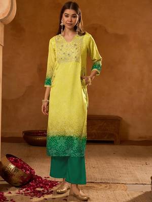 Yellow embroidered chinon silk kurta pant dupatta set 4