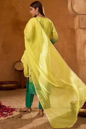 Yellow embroidered chinon silk kurta pant dupatta set