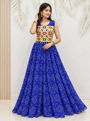 Blue georgette readymade navratri anarkali suit with bandhej & mirror work 1