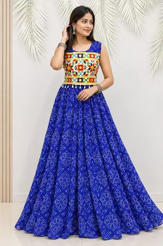 Blue georgette readymade navratri anarkali suit with bandhej & mirror work
