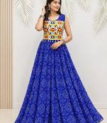 Blue georgette readymade navratri anarkali suit with bandhej & mirror work
