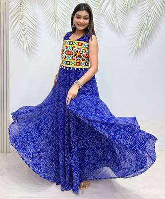 Blue georgette readymade navratri anarkali suit with bandhej & mirror work 3